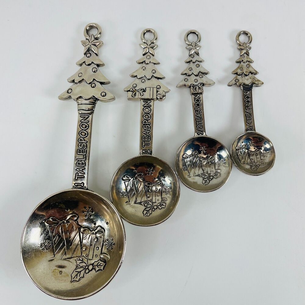 Measuring Spoons Christmas Tree Presents Shiny Chrome 4 Pc Set Ganz Seasonal